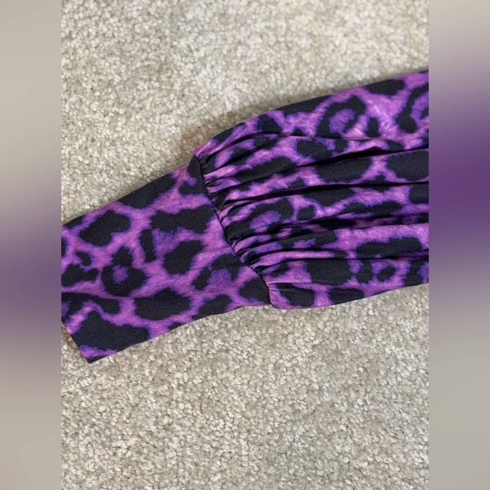Purple Leopard Print Ruched Bodycon Dress | Long Sleeve Party Dress M - Picture 6 of 8